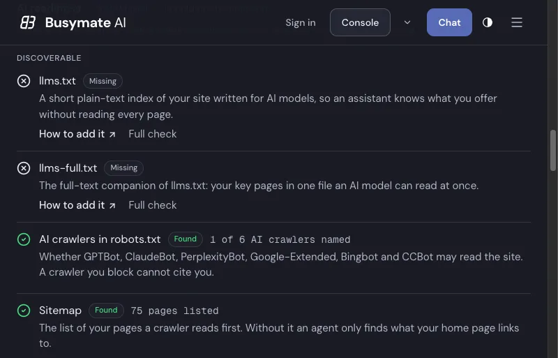 The AI-readiness scorecard for busydrivers.com, showing llms.txt missing and robots.txt / sitemap found, each with a How to add it link